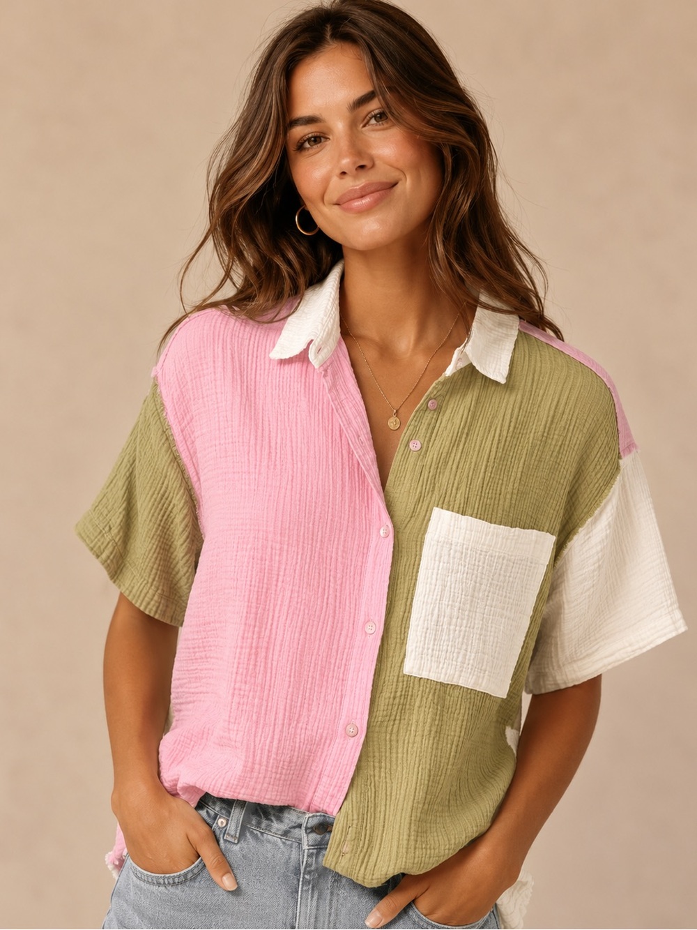 GeeGee Colorblock Gauze Button Down Shirt Pink Green Cream Size Small